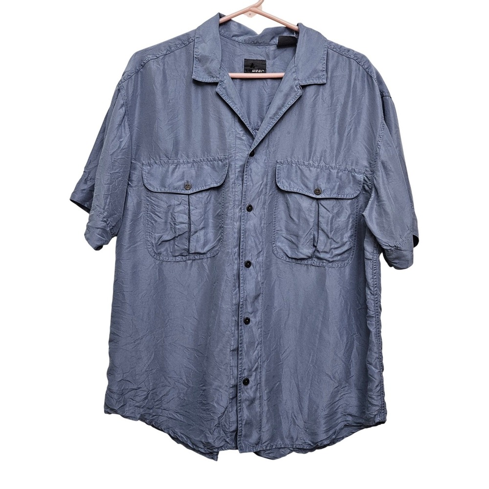 Lizwear Silk Button Up Shirt Mens Large Blue Safari Short Sleeve Resort Camp